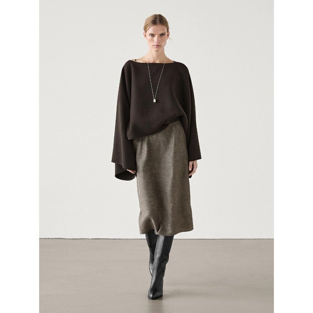 Massimo Dutti Womens Midi Skirt Large L Brown wrinkle effect flowy 5219/869 NWT